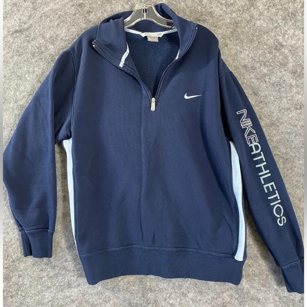 Nike 1/4 Zip Sweatshirt Mens Size XL Blue Nike Athletic Spell Out on Sleeve